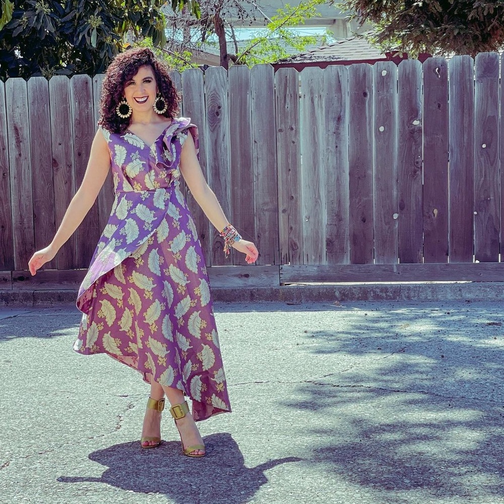 Purple dress with gold and cream detail